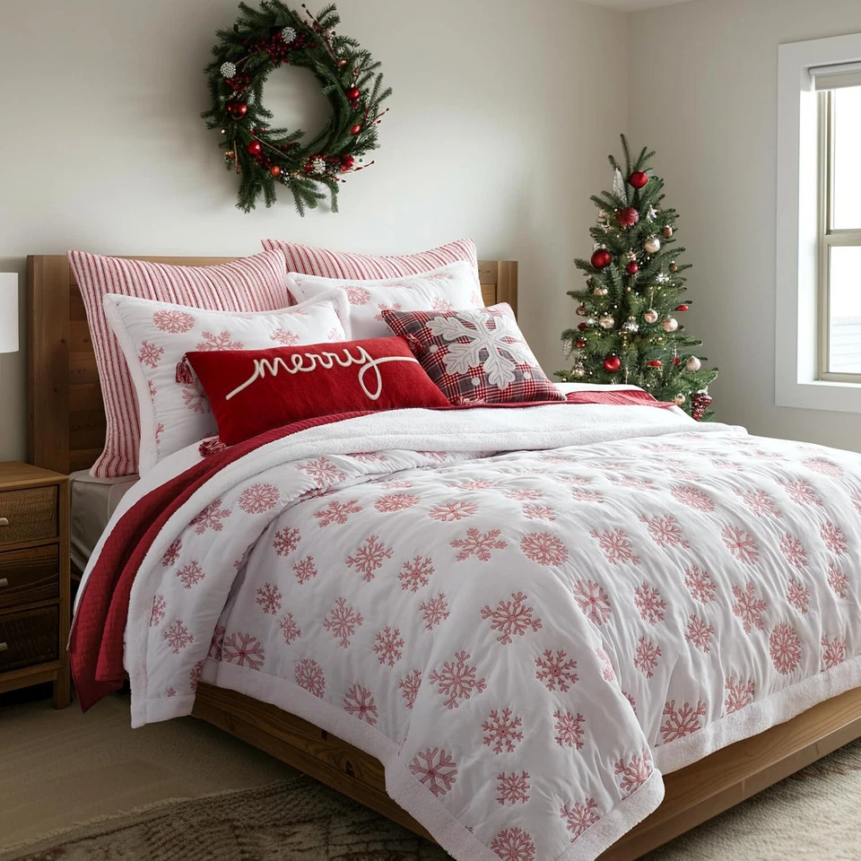 Levtex Home Merry & Bright Colleccion - Juego de edredón Sherpa copo de nieve rojo 50" X 60" Foto 2 de 4