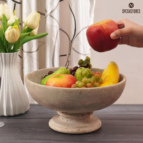 10" Travertine Stone Fruit Bowl | Marble Salad & Serving Dish for Kitchen Decor - Picture 2 of 7