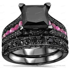 3Ct Princess Cut Lab-Created Black Diamond Bridal Ring Set 14K Black Gold Over