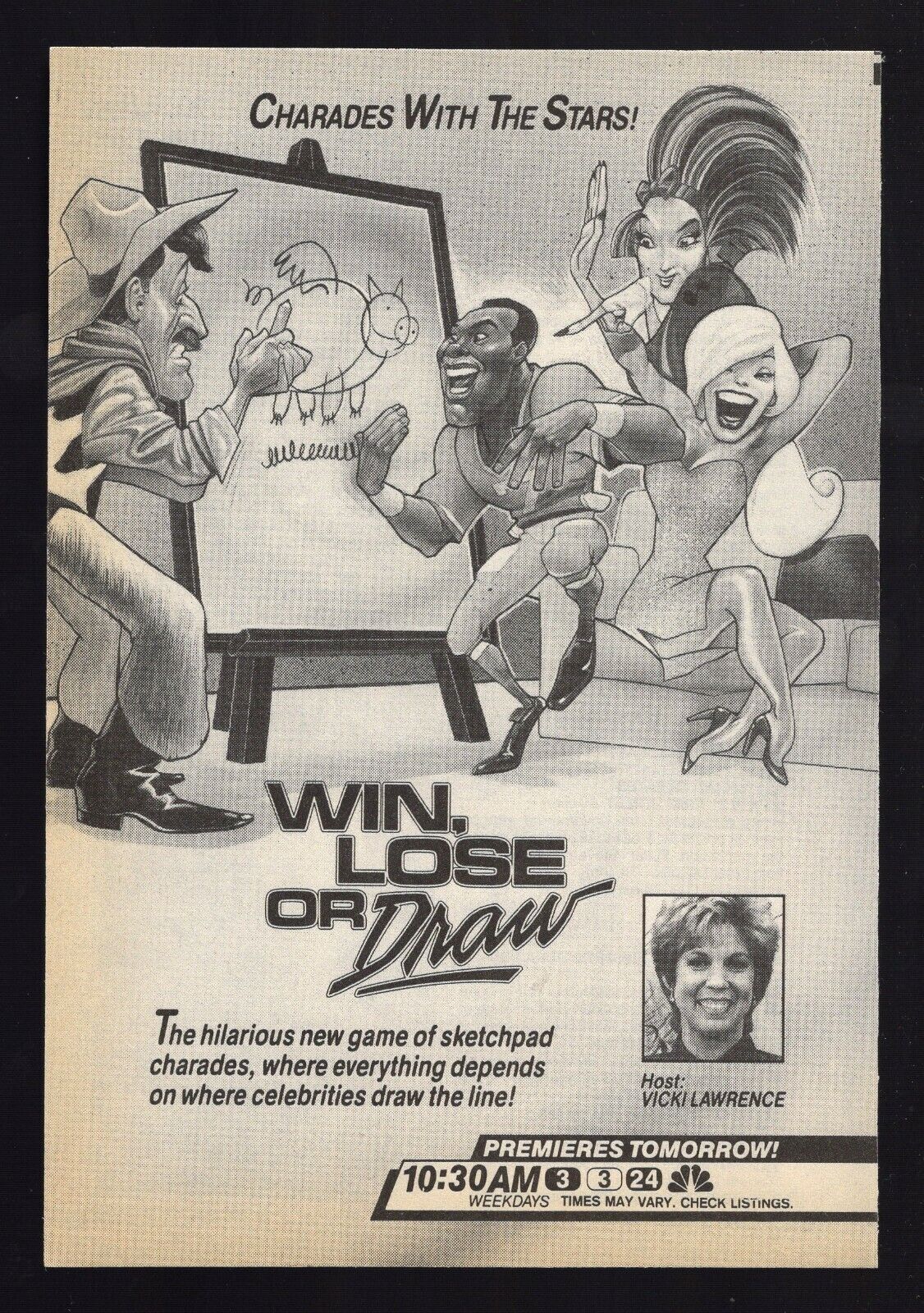 1987 TV AD ~ VICKI LAWRENCE hosts WIN, LOSE OR DRAW Full Page 5 x 7