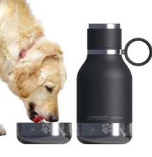 Dog bowl attached to stainless steel insulated travel bottle for human 37oz