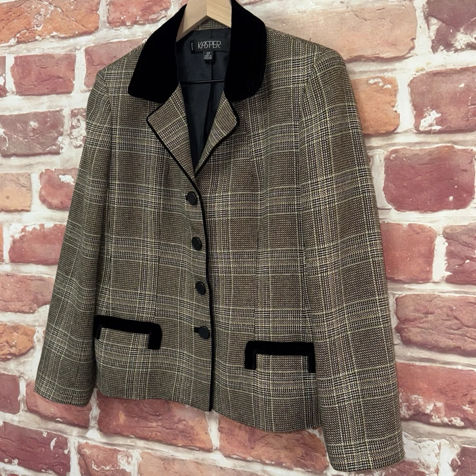 Kasper Jacket Womens 12 Petite Multicolor Plaid Velvet Velour Trim Casual Career - Image 3 of 4