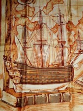 Vtg Ancient Sailing Ship Windjammer Scarf Acetate Red Gold 27" Book Sextant Maps