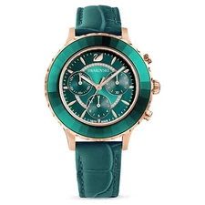 Swrovski Crystal Octea Lux Chrono Watch Leather Strap Rose Gold Green  5452498