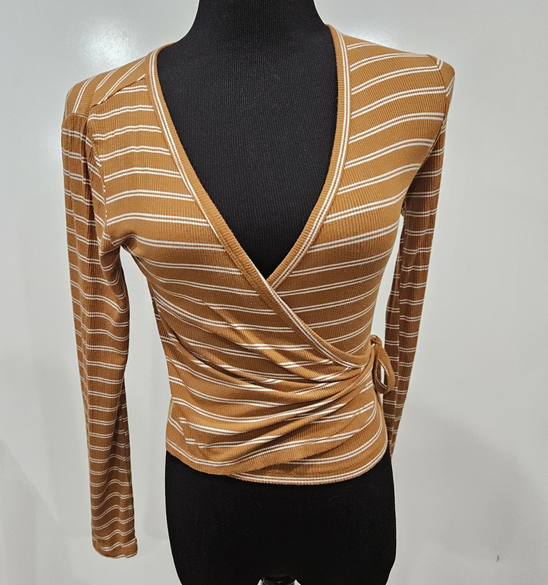 Forever 21 Girly Long Sleeve Striped Orange White Faux Wrap Top