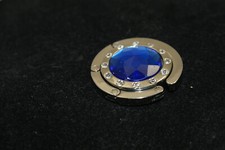 Purse Hanger Silver Tone Foldable Table Hook Blue Crystal Center With Rhinestone