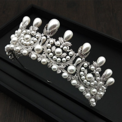 Luxury All CZ Cubic Zirconia Pearl Queen Princess Prom Tiara Crown For Women