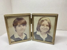 Vintage Brass Tone Hinged Folding Double Picture Frame