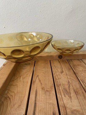 Hazel Atlas El Dorado Dot Gold Glass Serving Bowl With 6 Small Bowls Vtg