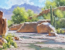 TOM HAAS painting 'Desert Wash' oil 11"x14" Arizona saguaro flowers mountains