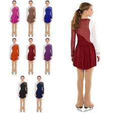 Kids Girls Skating Outfit Ballet Shiny Competition Rhinestone Leotards Skirted