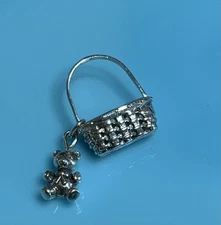 Sterling Silver Brown County Weave Basket With Teddy Bear Charm Pendant 11g