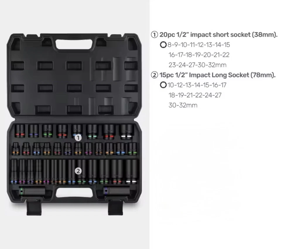 35-tlg. Schlagschrauber Steckschlüssel Set 1/2“ Nuss Farblich Lang Kurz SW 8-32 - Bild 3 von 4