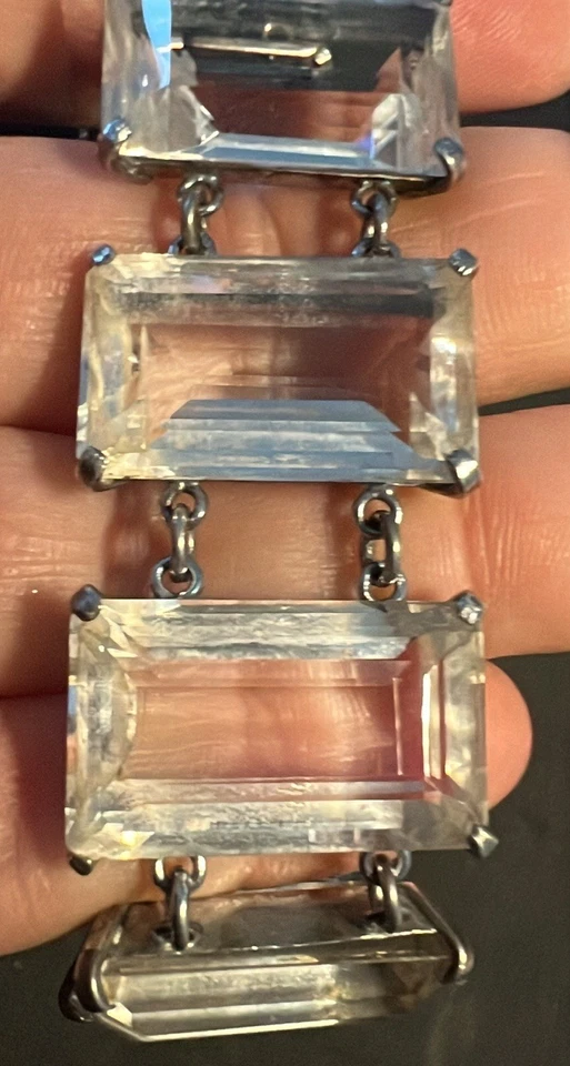 Rock Crystal Quartz Emerald Cut Bracelet Sterling Silver Deco Japan Antique Vtg - Image 3 of 4
