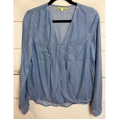 Gianni Bini Womens Blue 100% Tencel Wrap Surplice Long Sleeve Blouse Top Small