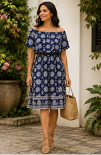 J Jill Dress Womens M Blue White Floral Off Shoulder Boho Elastic Waist