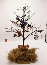 Vintage Halloween Haunted Tree W/ Wood Ghost Pumpkin Cat Bat Witch Ornaments 18”
