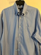 Lands' End Button Down Shirt Men 16 1/2 34 Blue Solid Long Sleeve Dress Classic