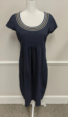 BODEN NAVY BLUE EMPIRE WAIST COTTON DRESS W/EMBROIDERY 10 LONG | eBay