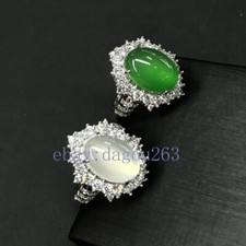 Certified Green Chalcedony Inlaid with Crystal Natural Gemstone Women's Ring