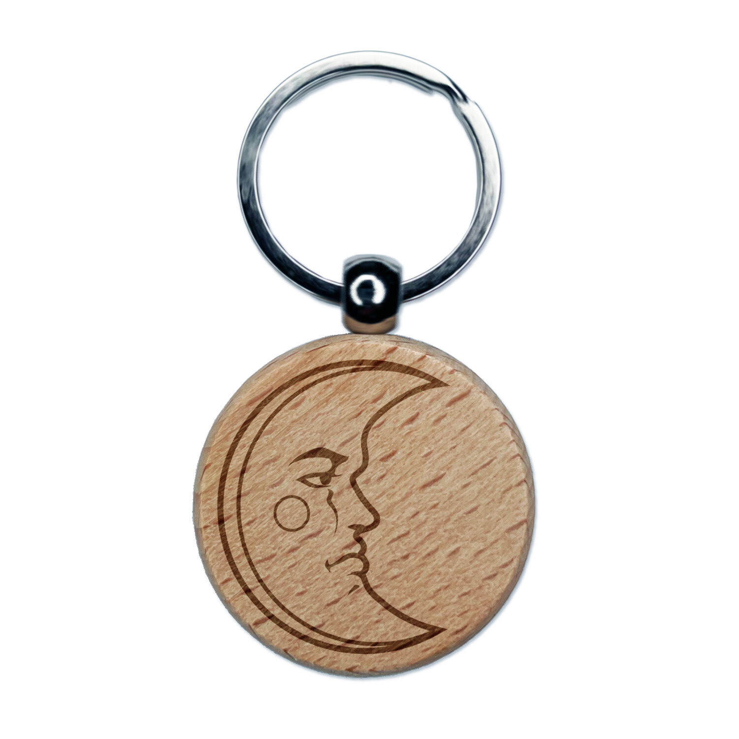 Heraldic Moon Face Engraved Wood Round Keychain Tag Charm