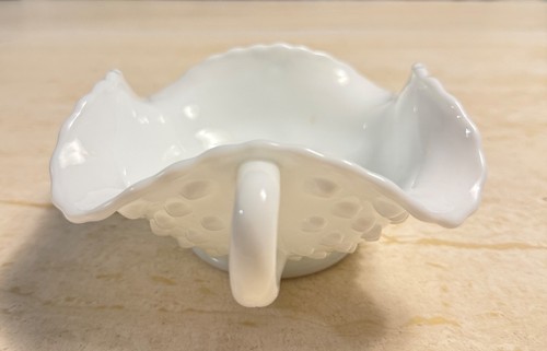 Vintage Fenton Hobnail Milk Glass Double Handled Bon Bon Dish Ruffled Edge Candy - Picture 2 of 12