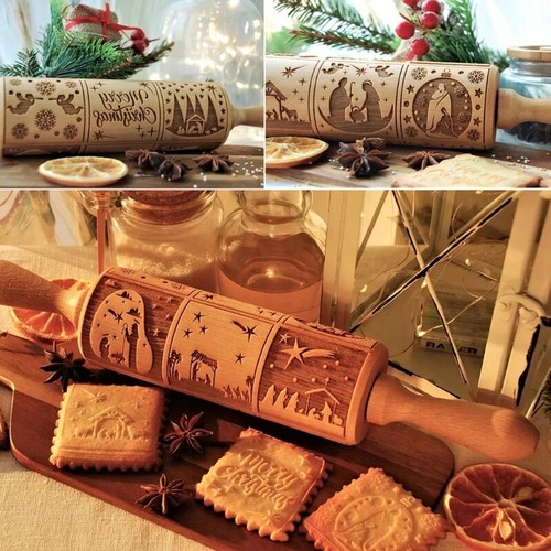 Engraved Embossing Rolling Pins with Christmas Nativity Christ Pattern Home Gift - Picture 6 of 7