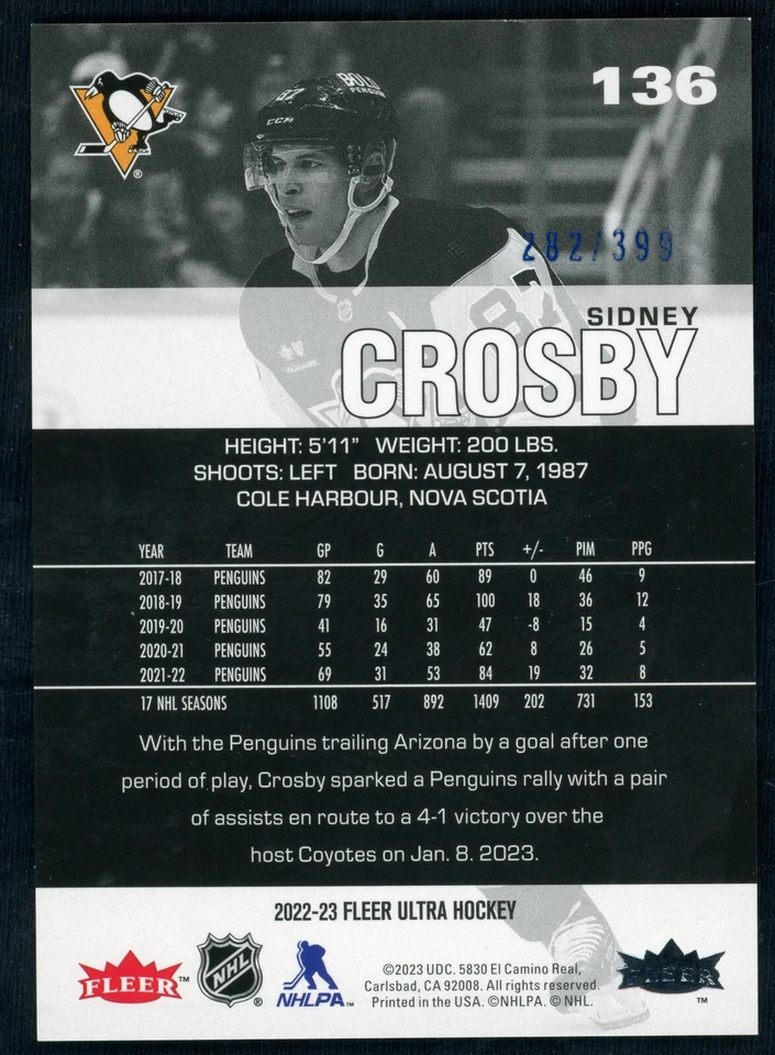 2022-23 Upper Deck Fleer Ultra Blue Foil Parallel /399 Sidney Crosby #136 - Image 2 of 2