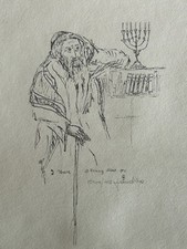 Franz Weiss Print Litho Judaica Jewish Menorah Rabbi 14 x 18 Unframed 1971 Vtg