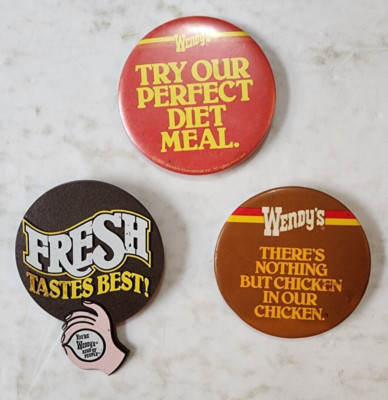 Set of 3 Vintage WENDY'S Pinback Buttons - Fresh Tastes Better - Hamburgers 1982
