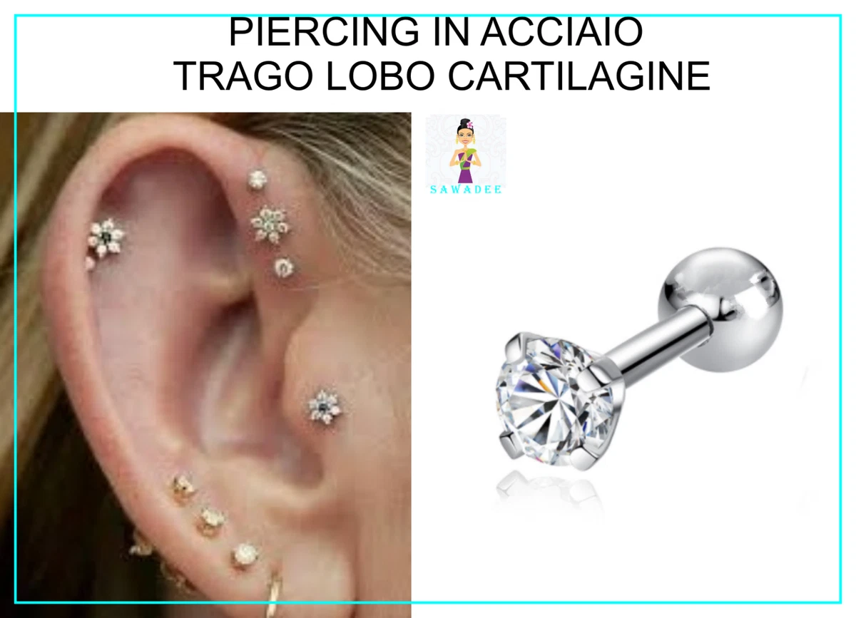 Set Di 8 Orecchini Piercing Per Cartilagine, Trago Ed Helix In Acciaio Inox Con Cristallo Cz, 16G (1,2 Mm), Lunghezza 6mm - 6
