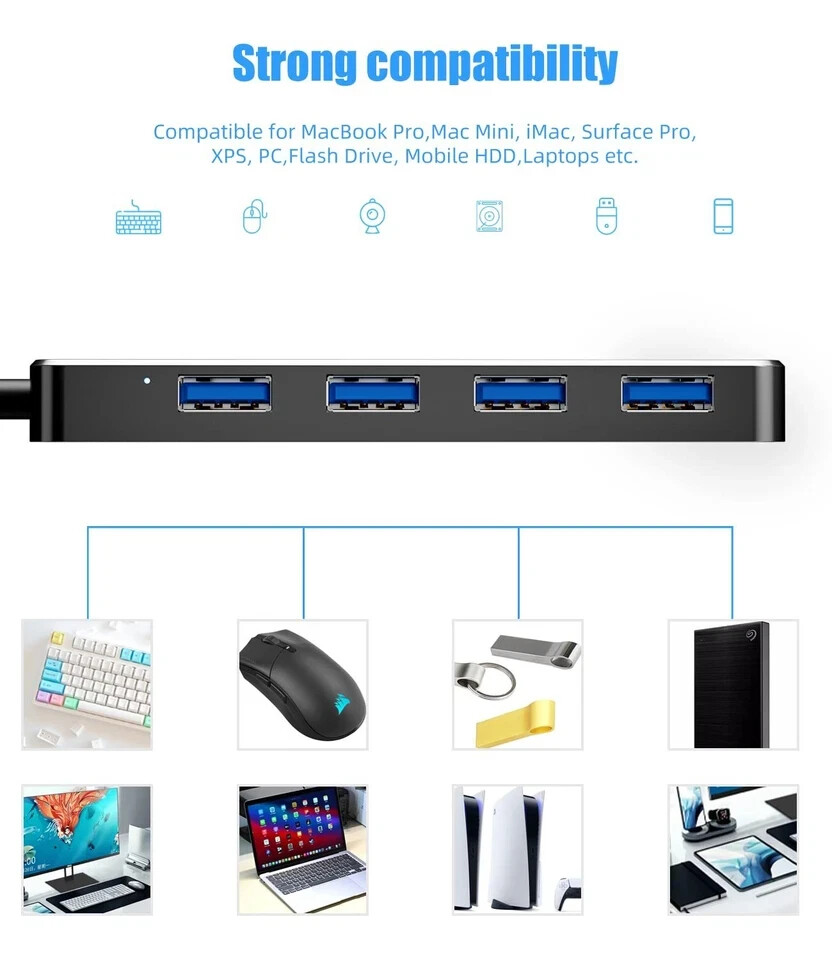 4-Port USB 3.0 Hub for Laptop Xbox Flash Drive High-Speed Expansion