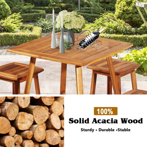 5PCS Acacia Patio Dining Set W/Square Table & 4 Stools Reddish Brown - Picture 6 of 11