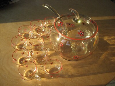  Vintage Bowle Set · 12 Teile · 10 Personen · Glas mit handgemaltem Blumendekor