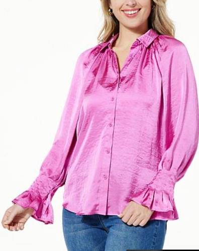 NEW DG2 Diane Gilman 2X Satin Raglan Slv Button-Up Blouse Lilac Pink PLUS SZ 2X - Picture 2 of 4