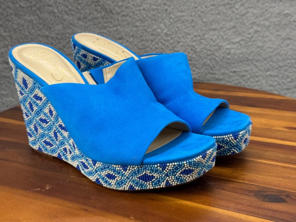 Sandalias de cuña Jessica Simpson Shantell para mujer zapatos sin cordones con cuentas azules talla 11 Foto 2 de 4