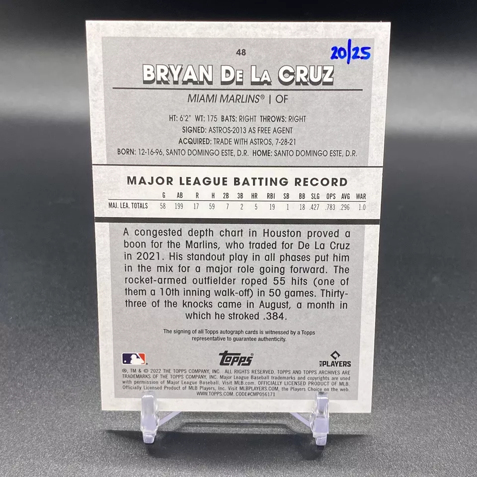 #/25! 🚨2022 Topps Archives Snapshots BRYAN DE LA CRUZ RC AUTO Marlins Rookie 48 - Image 2 of 2