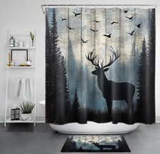 Forest Woodland Cabin Rustic Hunting Deer Shower Curtain Set for Bathroom Decor