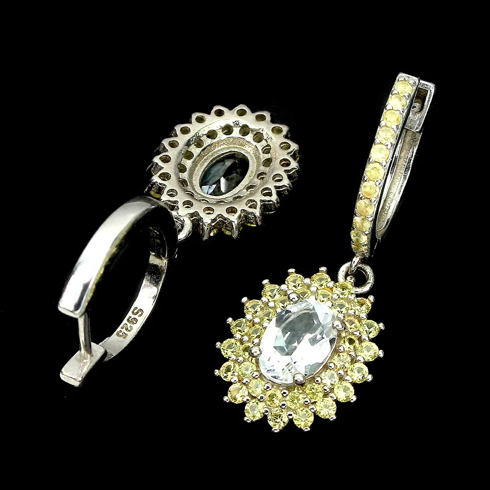 925 Argento Sterling Ovale Acquamarina 7x5mm Zaffiro Taglio Diamante Orecchini - Immagine 3 di 4