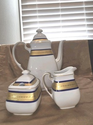 Vtg Scherzer Bavaria Art Deco Style Brilliant Gold/Navy Teapot/ Creamer/ Sugar