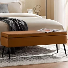 Mid-Century Modern Leather Storage Ottoman Bench with Steel Legs for Living Room