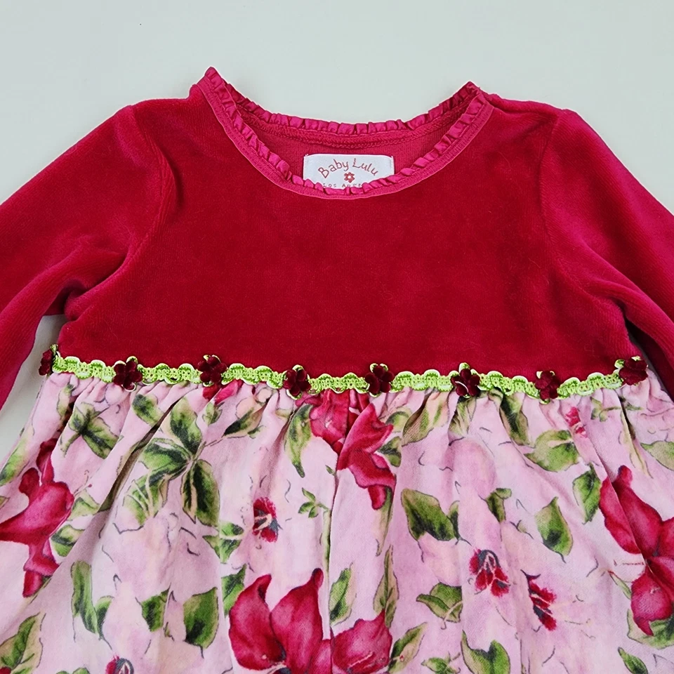 Bebé Lulu Poinsettia Navidad Rojo Rosa Mameluco Mono Terciopelo 24 Meses  Foto 2 de 4