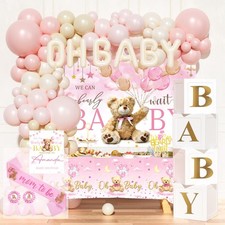 Baby Shower Decorations Teddy Bear Girl Party Supplies Set with Backdrop, Bal...