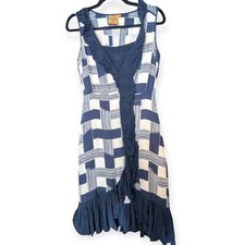Tory Burch Janetta Plaid Ruffle Midi Dress Size 4 Navy Blue + white