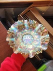 Scarce and Pretty Fenton Aqua Carnival Glass Holly Pattern Ruffled 3&1 Edge Bowl