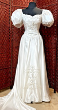 Vintage 90s Alfred Angelo Princess Wedding Dress Satin Beaded Train Sz 10 Gown