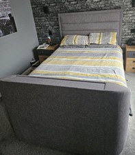 Legend Media Bed, Double TV Bed With Surround Sound. Grey Upholstered Fabric.
