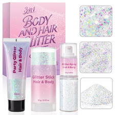 3-In-1 Body Face Hair Glitter Set, Sparkling White Glitter Gel  Glitter Stick 