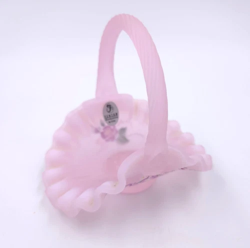 Fenton Pink Satin Glass Basket Ruffled Rim w Sticker Hand Decorated Artist Sign