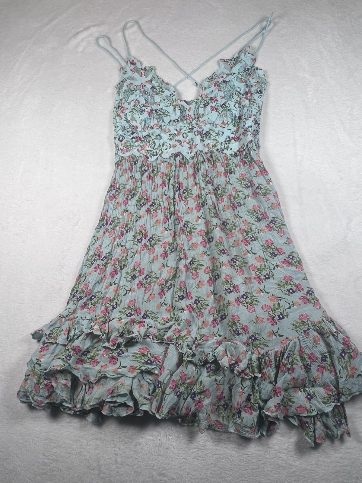 Free People Dress Womens L Blue Floral Lace Ruffle Sundress Boho Festival